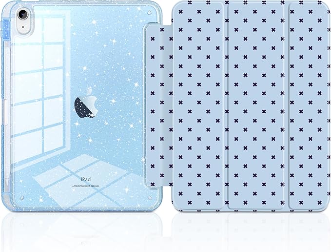 DONGKE for iPad Pro 11 inch Case – Fits M5 2025 / M4 2024 Shockproof Sparkling Glitter Acrylic Back Pencil Holder Trifold Stand Auto Sleep/Wake &amp Touch ID Support - Blue Cross Dot
