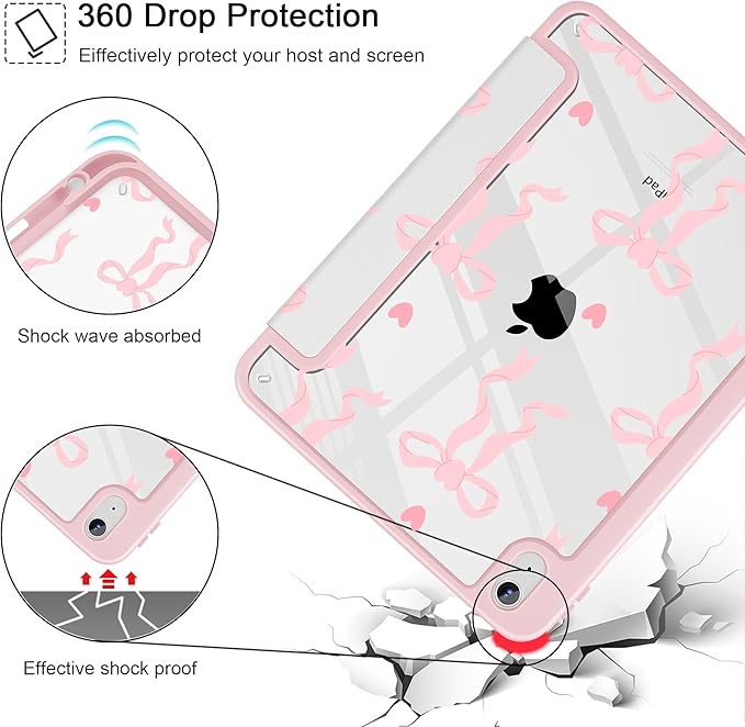 Case for iPad 11 inch A16 2025 Generation 11th / iPad 10.9 inch 2022 10th Gen Buit in Pencil Holder with Shockproof Cover Clear Transparent Back Shell Auto Wake/Sleep Trendy Bow