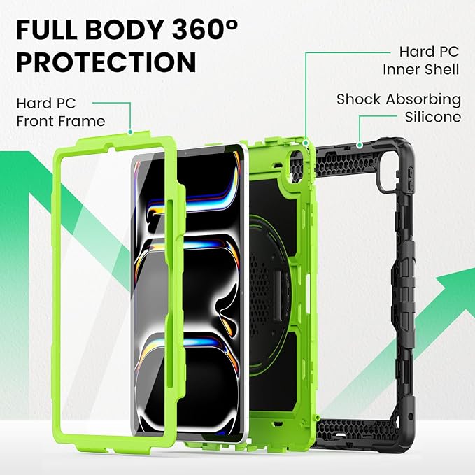 SEYMAC Case for iPad Pro 13 Inch M5 2025 / M4 2024 Heavy Duty Shockproof Protective Case with Screen Protector 360° Rotating Stand Hand/Shoulder Strap and Pen Holder Green
