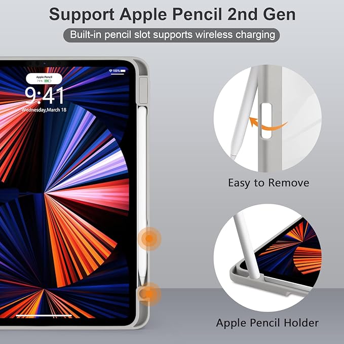 Batianda Hybrid Case for 11-inch iPad Air 2024 M2 Chip/iPad Air 4th/5th 10.9 inch [Built-in Pencil Holder] Shockproof Cover with Clear Back Shell TPU BumperGrey