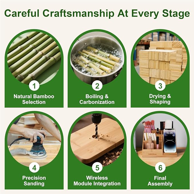Bamboo Pen Holder for Desk &amp Nightstand Organizer with Fast Wireless Charging for iPhone Samsung &amp More – Office Desk Accessories for Men/Women (Natural)