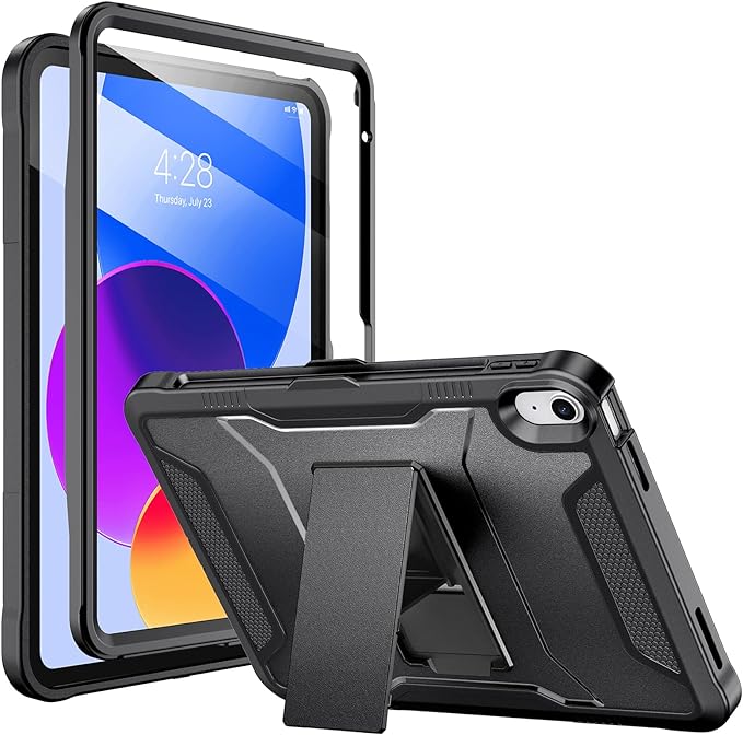 Soke Case for iPad (A16) 11th Generation 11-inch 2025 iPad 10th Generation 10.9-inch 2022 with Built-in Screen Protector and Kickstand Rugged Full Body Protective Cover - Glossy Black