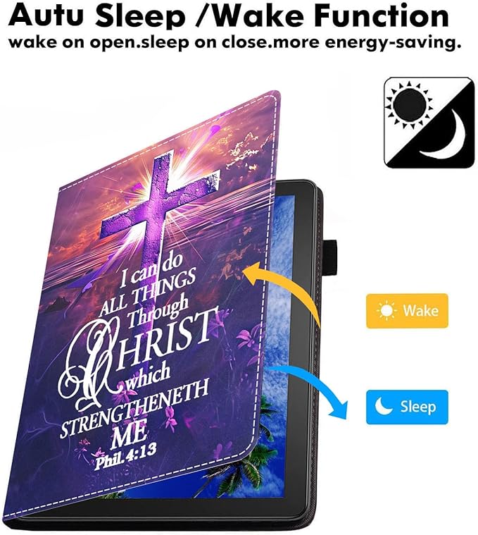Case for Amazon Kindle Fire 7 Tablet (7 9th/7th Generation 2019/2017 Release) Slim PU Leather Cover with Card Slot &amp Auto Wake/Sleep Cross Quote Bible Verses Phil 4-13