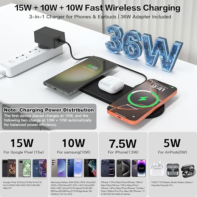 ZealSound Wireless Charging PadTriple Wireless Charger Pad Multiple Devices Compatible with iPhone Phone New AirPods Galaxy Buds Ultra-Slim PU Leather Wireless Charging Mat for Smartphone Phone Black