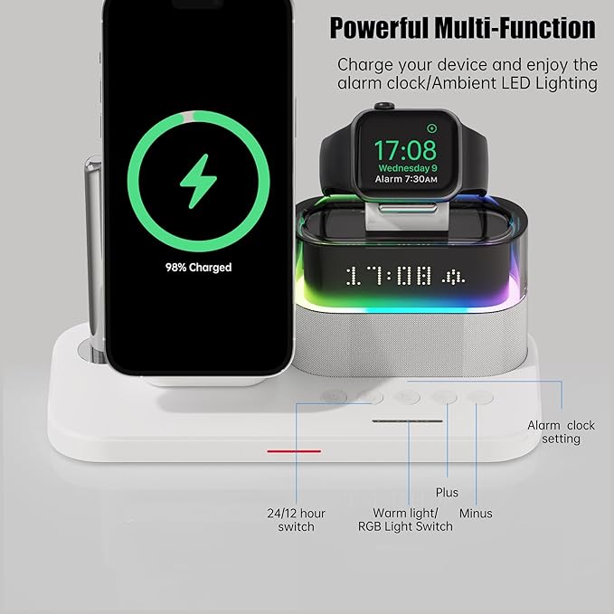 15W 5 in 1 Wireless Charging Station with Alarm Clock for Apple Magnetic Wireless Charger with Clock for iPhone 17/16/15/14/13/12 iWatch Ultra10/9/8/7/6 Pods