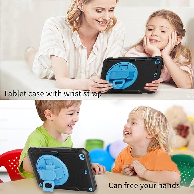 Case for iPad mini 5/4 with Screen Protector Pencil Holder [360 Rotating Hand Strap] &amp Stand Drop-Proof Case for iPad mini 5th/4th Generation 7.9 inch(Black+Sky Blue)