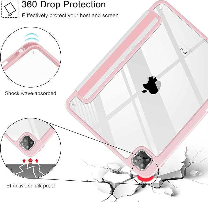 May Chen for iPad Pro 11 inch M2 4th Generation 2022 iPad Pro 11 3rd/2nd/1st Gen Built-in Pencil Holder with Shockproof Cover Clear Transparent Back Shell Auto Wake/Sleep Pink Stripes