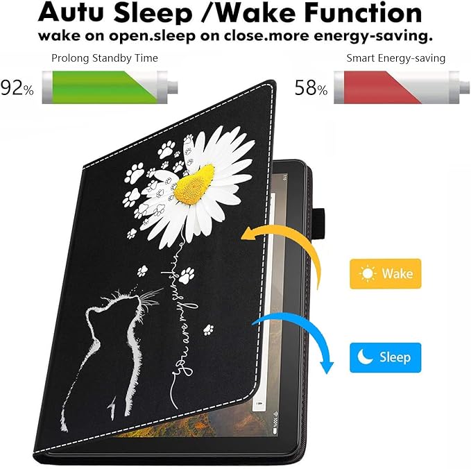 Case for All-New Amazon Kindle Fire 7 Tablet (7 12th Generation 2022 Release) Latest Model - PU Leather Folio Case with Smart Auto Wake/Sleep Cat and Daisy Flower