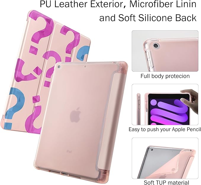 Idocolors Case for iPad 11 inch (A16 Chip) 2025 Generation 11th / iPad 10.9 inch 2022 10th Gen Built-in Pencil Holder with Soft TPU Shockproof Back Shell Auto Wake/Sleep Question Mark-Pink