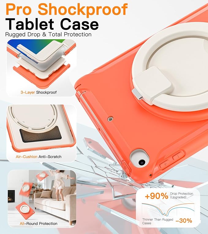 BATYUE Shockproof Case for iPad mini 4/5 (2015/2019) - 360° Multi-Angle Stand (Portrait &amp Landscape) &amp Grip Pencil Holder (Elastic Loop) Multi-Scene for All Ages Coral Orange