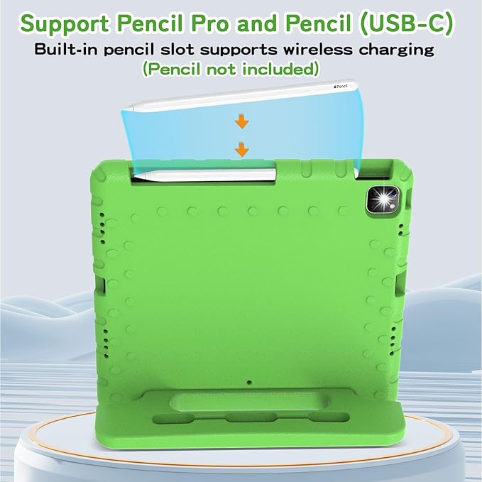 for iPad Pro 12.9 Case 3rd/4th/5th/6th Generation Kids Proof EVA Super Protection Cover for iPad Pro 12.9-inch 2022/2021/2020/2018 with Pencil Holder &amp Handle Stand Green
