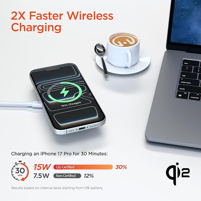15W Magnetic Wireless Fast Charger with Qi2 - Portable 15W Snap-On Fast Charge MagSafe Wireless Charging Pad for iPhone Samsung Galaxy AirPods &amp More