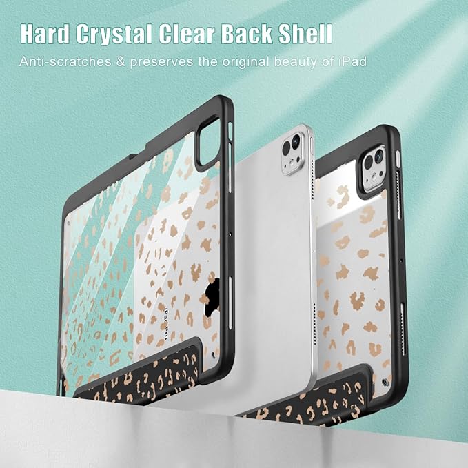May Chen Case for iPad Pro 11-Inch M5/M4 2025/2024 (6th/5th Generation) Clear Transparent Print Back Shell Slim Stand Shockproof Tablet Cover Auto Wake/Sleep Leopard Print