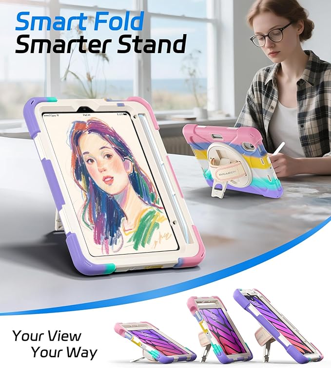 BRAECNstock Kids Case for Apple iPad mini 7 (A17 Pro) 2024/ Mini 6 8.3 Shockproof Protective iPad mini 7th/6th Gen Case with Screen Protector Pen Holder [Rotating Stand+Hand Strap] Colorful Pink