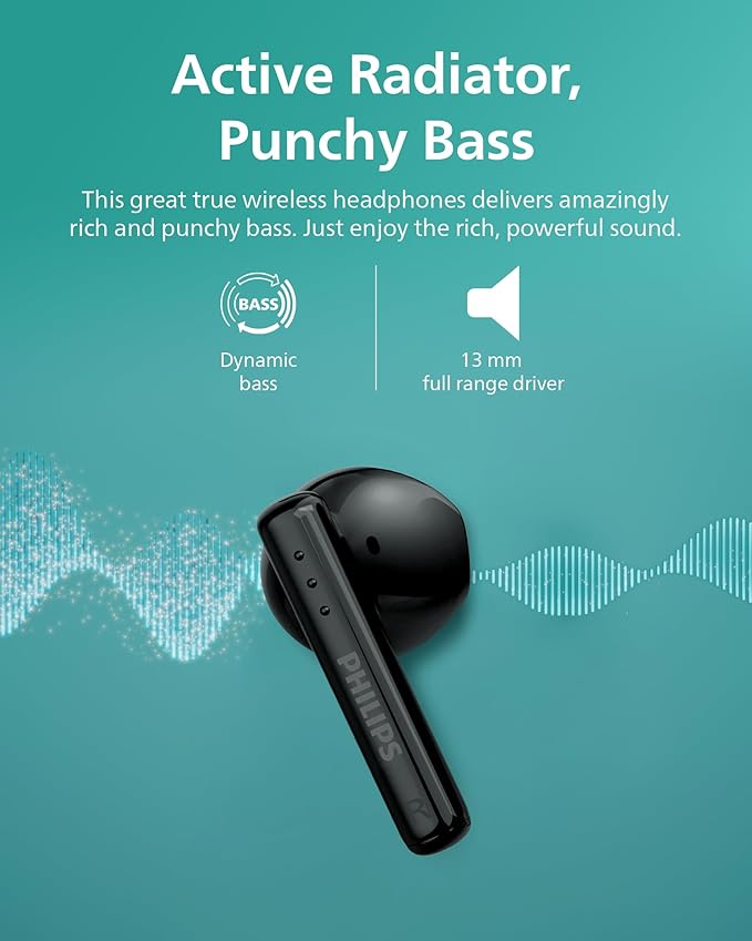 Philips TAT1139 Wireless EarbudsTrue Wireless HeadphonesPowerful Bass with 13 mm DriverClear Call with AI Mic26-Hour Battery LifeFast ChargingBluetooth v5.4IPX4 RatingErgonomic DesignBlack