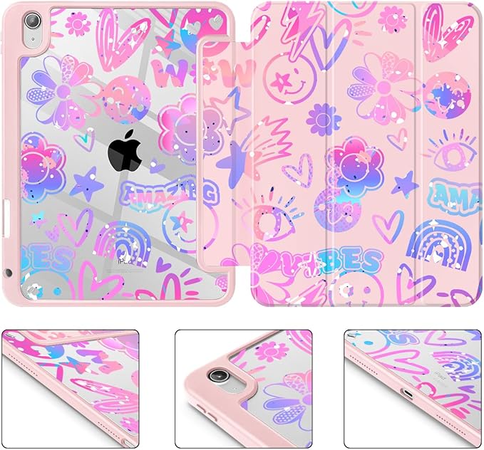 Tuiklol Case for iPad 11 inch (A16 Chip) 2025 Gen 11th / iPad 10.9 inch 2022 10th Gen Buit in Pencil Holder with Shockproof Cover Clear Transparent Back Shell Auto Wake/SleepFun Emotions Pink