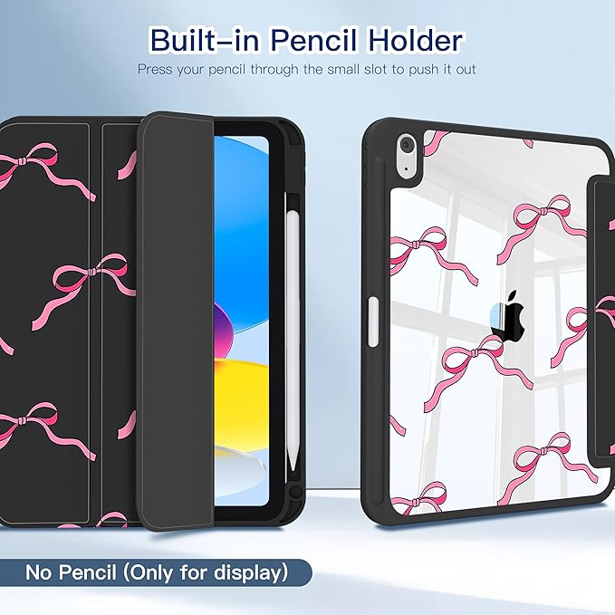 CISSOOK Case for iPad 11 Inch 2025 (A16) / 10.9 inch iPad 10th Generation 2022 with Apple Pencil Holder Auto Wake/Sleep Black Base with Pink Bow
