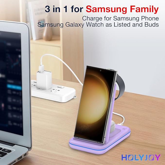 Multi Charger for Samsung Foldable Charger ONLY for Galaxy Watch Ultra/7/6/5/4/3/Active 2 Travel 3 in 1 Fast Charging Station/Dock for Samsung S24/S23/S22/S21/S20/Note 20 for Buds 3/2 Pro(Violet)