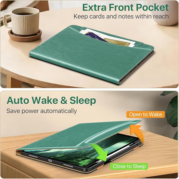 MoKo Case for iPad Air 13-inch (M4) 2026 / (M3) 2025 / (M2) 2024 with Pencil Holder &amp Hand Strap &amp Pocket Premium Leather Folio Stand Cover Multiple Viewing Angles Green