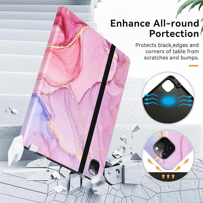 Case for New iPad Pro 12.9 inch 6th/5th/4th/3rd Generation 2022/2021/2020/2018 12.9'' ipad Pro Leather Folio Protective Cover 6/5/4/3 Gen with Pencil Holder Auto Wake/Sleep Marble Pink