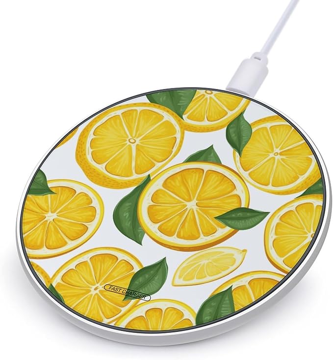Lemon Fruit Pattern Wireless Charger Fast Wireless Charging Pad with USB Cable 10W Anti-Slip Magnetic Wireless Charger Portable Slim Charger Puck Travel Charging Station