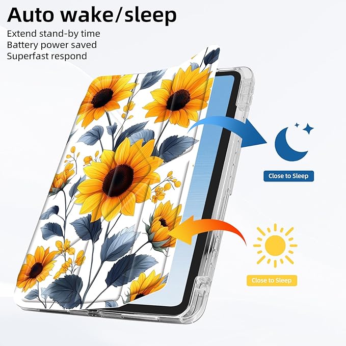 for iPad mini 7 A17 Pro 2024/iPad Mini 6 2021 Case with Pencil HolderFoldable Y-Shaped CoverStylish Clear Multi-Angle Viewing&ampAuto Sleep/Wake Sunflower Blue Leaves Tablet Case