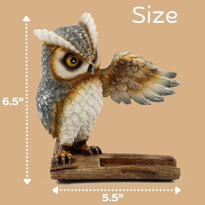 Wise Owl Phone Stand Resin Animal Smartphone Holder Home and Office Accessory Novelty Gifts 5.5 x 6.5 Inches