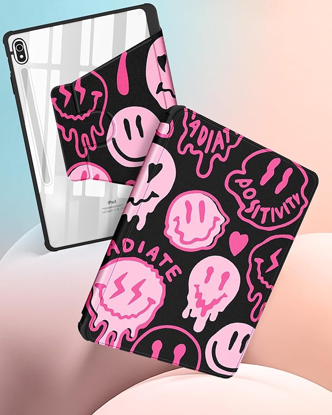 for Samsung Galaxy Tab S10 Fe Case - Tab S9 Fe/S9 Case with Pencil Holder Women Girls Cute Girly Pretty Smile Unique Aesthetic Design Teens Rotating Tablet Cases Cover