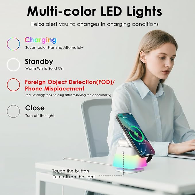 Minthouz 3 in 1 Charging Station for iPhone Wireless Charger for Apple MagSafe Charger with Night Light 360° Rotation Compatible with iPhone 16 15 14 13 12 Pro Apple Watch &amp AirPods Pro 4
