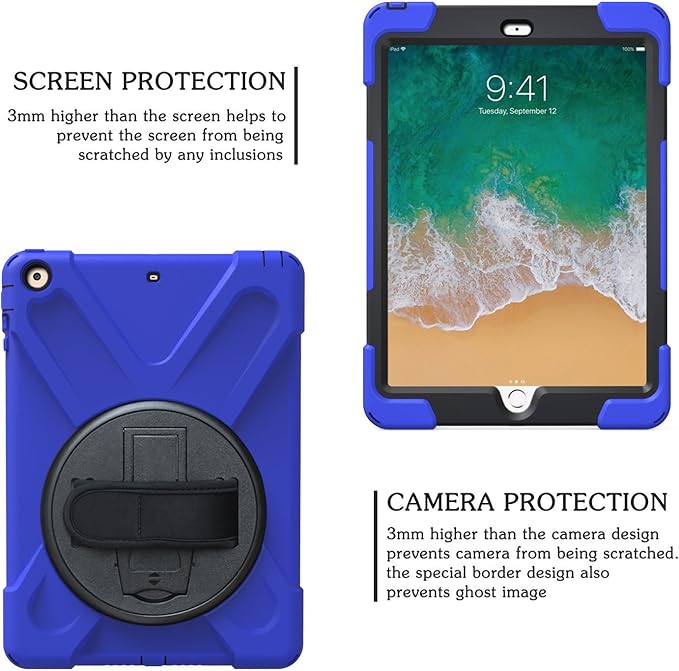 iPad Air 1 Case for Kids 2013 TSQ Case for iPad Air 1st Generation 9.7 Inch Full Body Rugged Hybrid Rubber Protective Cover w/Swivel Stand Hand Grip Shoulder Strap for iPad Air 1st Gen Blue