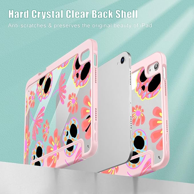 Mektron Printed Case for iPad mini 7 (A17 Pro) 2024/ Mini 6 2021 iPad mini 7th/6th Generation 8.3-inch Liquid Retina Display Cover Buit in Pencil Holder with Clear Back Shell Skull &amp Flowers Pi
