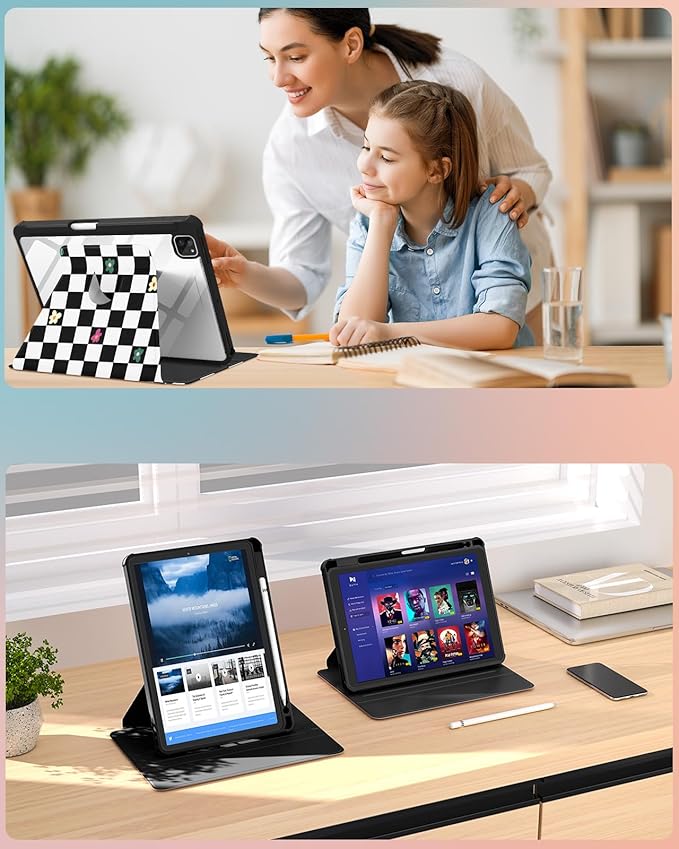 for iPad Air 11 inch Case Air 5th/4th Generation 10.9 Pro 11'' Case Women Girls for Apple Pencil Holder Cute Plaid Rotating Folio Cover for iPad Air 11 2024 (M2) 10.9 2022 2020 Pro 11
