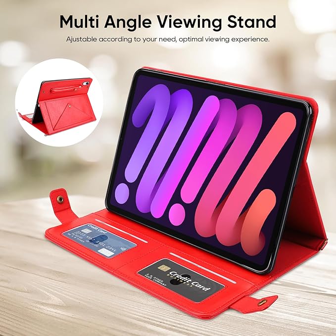 Tablet Carrying Shoulder Bag Case for Apple iPad mini 7th 6th Generation 8.3 Inch PU Leather Hand Strap Crossbody Shoulder Strap Cards Holder Pocket S Pen Holder Stand Case Red