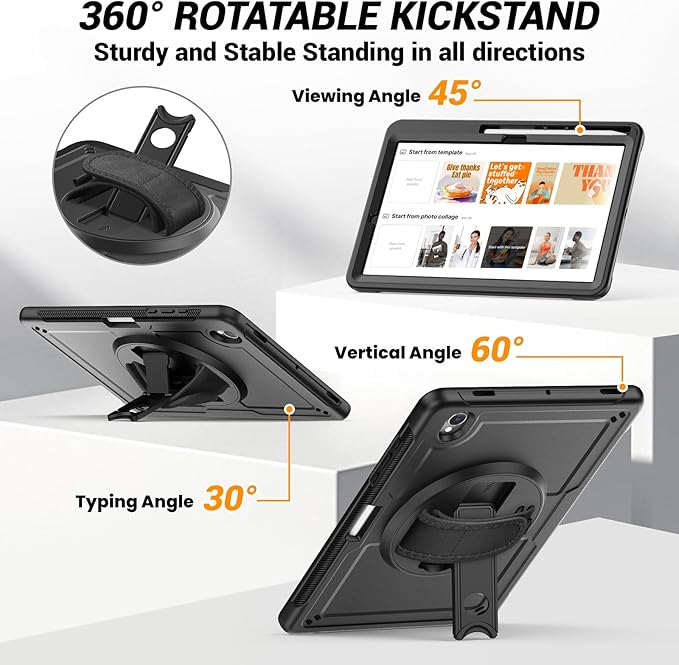 Case for Samsung Galaxy Tab S10 Lite / S10 FE / S9 FE 5G / S9 Tablet Case 10.9''/11'' Rugged Protective with Screen Protector Pen Holder 360°Rotate Hand Strap/Stand Shoulder Strap Black