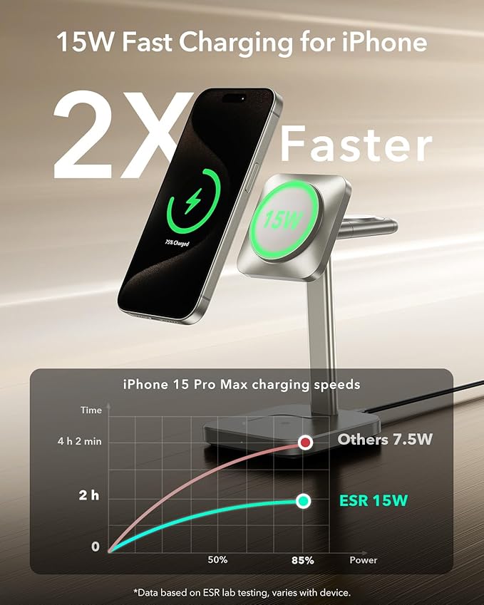 ESR for 3 in 1 Wireless Charging Station Certified Apple Watch Charger 15W MagSafe Charger Stand Wireless Charger for Multiple Devices iPhone 17/16/15/14/13 Watch AirPods Natural Titanium