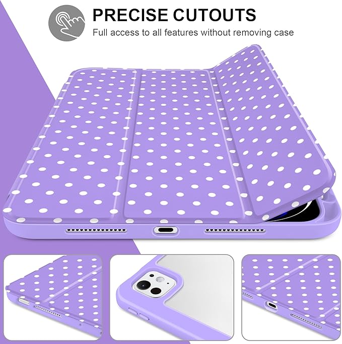 Case for iPad Pro 11 Inch (M5 2025 M4 2024) – [Built-in Pencil Holder] Shockproof &amp Stylish Clear Hard Back + Soft TPU Edge Magnetic Trifold Stand Auto Wake/Sleep Purple White dot