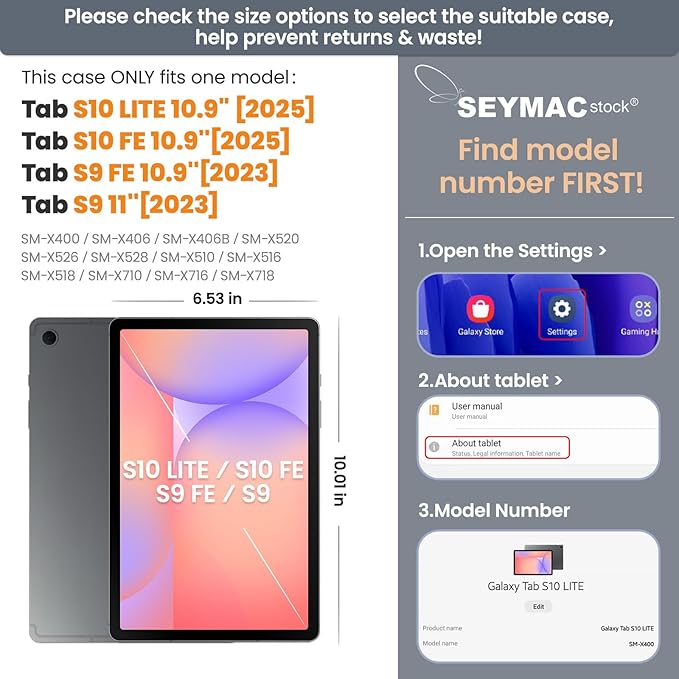 SEYMAC stock Case for Samsung Galaxy Tab S10 Lite / S10 FE / S9 FE 5G / S9 Tablet Case 10.9''/ 11'' Protective with Screen Protector Pen Holder 360 Rotate Stand Hand Strap Shoulder Strap Black1