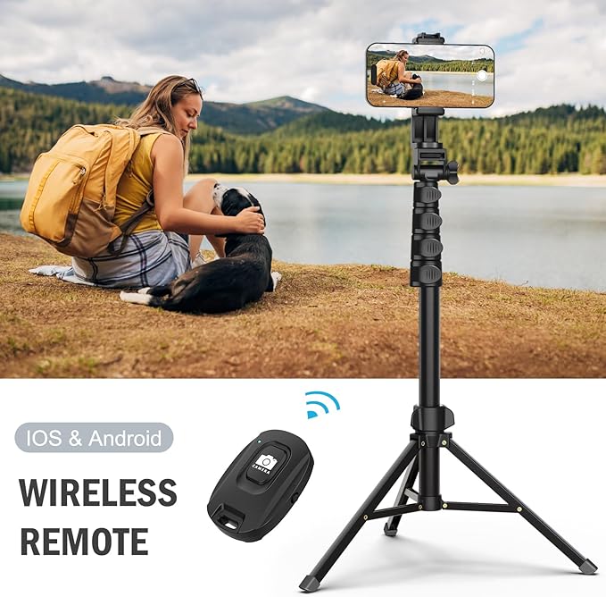 64” Tripod for Cell Phone &amp Camera Phone Tripod with Remote and Phone Holder Sturdy &amp Stable Height Adjustable Multi-Angle Shot Selfie Stick Tripod for Video Recording