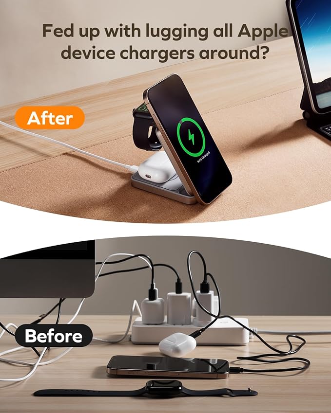 MOMAX 3-in-1 Wireless Charger Stand iPhone 17 Charging Station MagSafe-Compatible Qi2 Certified 15W Foldable Charger for iPhone 17/16/15/14/13/12 AirPods iWatch Ultra (Not a Power Bank)