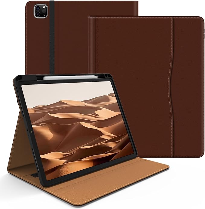 Case for iPad Pro 12.9 6th/5th/4th/3rd Generation 2022/2021/2020/2018 PU Leather 12.9 Cover with Pencil Holder/Multi-Angle Stand/Pocket Folio Auto Wake/Sleep Brown