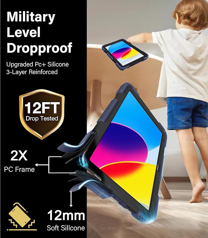 JKSML Case for iPad (A16) 11th/10th Gen | 360° Rugged Rotating Stand | Pencil Holder | Adjustable Shoulder Strap | Heavy Duty Drop Protective Cover for iPad 10.9 (2022)/ 11 (2025) - Navy Black