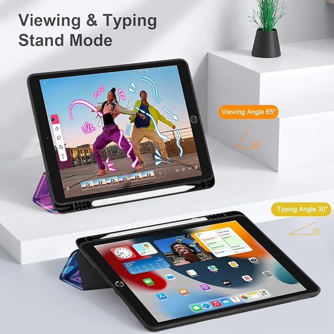Mektron Designed Printed iPad 10.2 Case 9th Gen (2021)/ 8th Gen (2020)/ 7th Gen (2019) with Pencil Holder Slim Stand Protective Case with Soft TPU Back for iPad 10.2 Inch Graffiti Flower