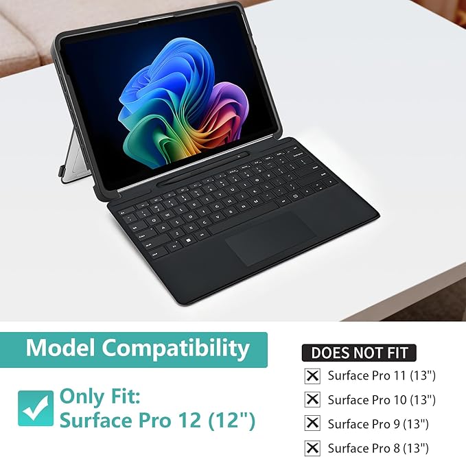 Protective Case for Microsoft Surface Pro 12 inch 2025 | Fall-Resistant Cover with Hand Strap | Compatible with Built-in Kickstand &amp Magnetic Slim Pen Storage &amp Type Cover Keyboard | Cyan