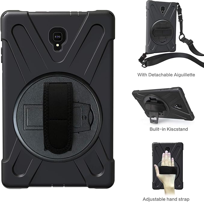 Rugged Case for Samsung Galaxy Tab A 10.5 2018 (SM-T590/T595/T597) Portable Hybrid Shock-Proof Cover with 360° Rotatable Hook&ampLoop HandleShoulder Strap (Black)