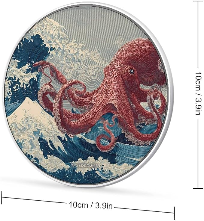Huge Octopuss Ocean Waves Fast Portable Charger 10W Funny Graphic Phone Charging Pad with USB Cable