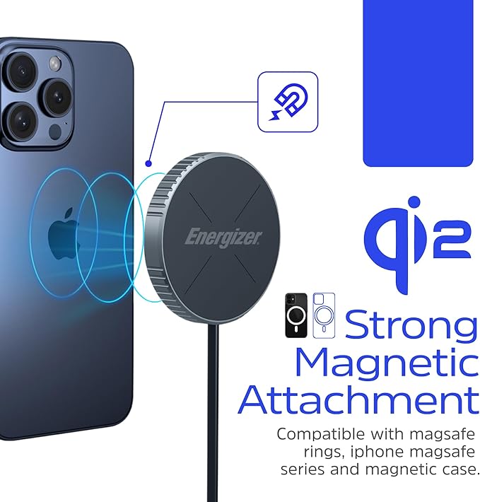 Energizer Qi2 Certified 15W Magnetic Wireless Charger MagSafe Compatible Fast Charging Pad for iPhone 15/14/13/12 Series Strong Magnetic Alignment with USB-C Cable for Qi-Enabled Phones_WCP112