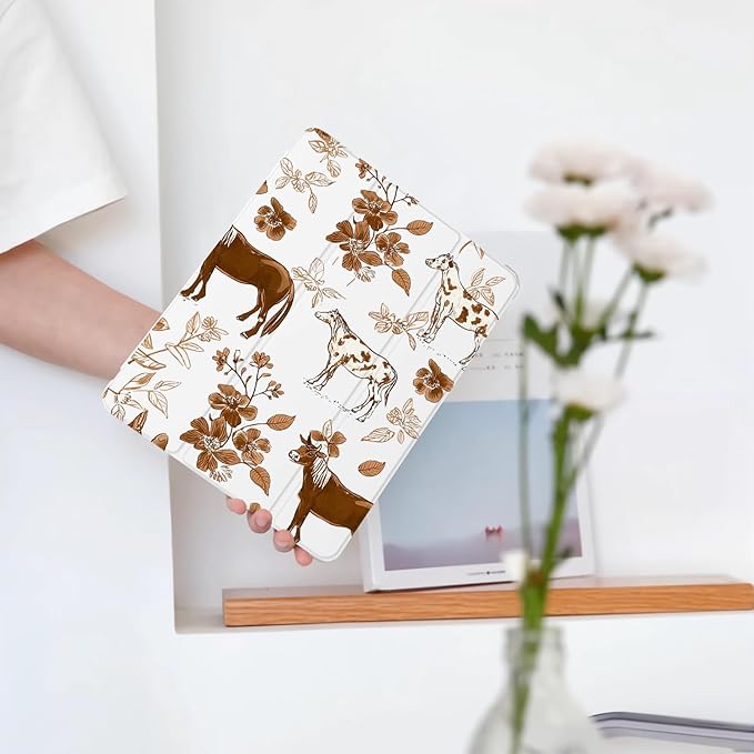 Cute Brown Horse Flower for iPad Pro 13 Inch Case (M5/M4) 2025/2024 with Pencil Holder Auto Sleep/Wake White Leather Soft TPU Back Cover