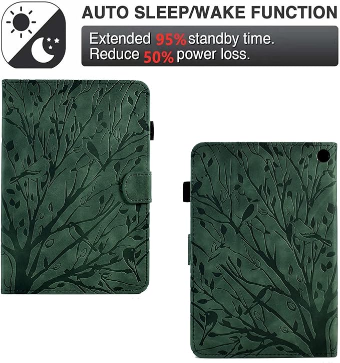 for Amazon Kindle Fire HD 8 &amp Fire HD 8 Plus Case (12th/10th Generation 2024/2022/2020) 8 UUcovers Embossed Magneic Smart Cover with Stand/Pencil Holder [Auto Sleep/Wake] Green Lucky Tree
