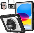 MENZO Case for iPad A16 11th Generation 11 Inch 2025 iPad 10th Gen 2022 10.9 inch 360° Rotating Stand Built-in Pencil Holder Convenient Hand and Shoulder Strap Durable Shockproof Black+Grey