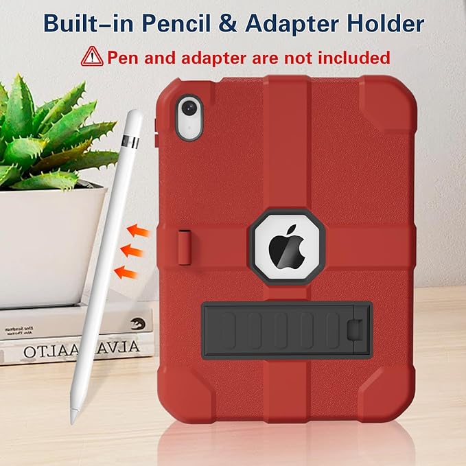 Case for iPad (A16) 11th Generation 11 Inch 2025 / iPad 10th Generation 10.9 Inch 2022 Rugged Heavy Duty Protective Cover [Built-in Pencil Holder ] for iPad 11/10 Gen (Red)
